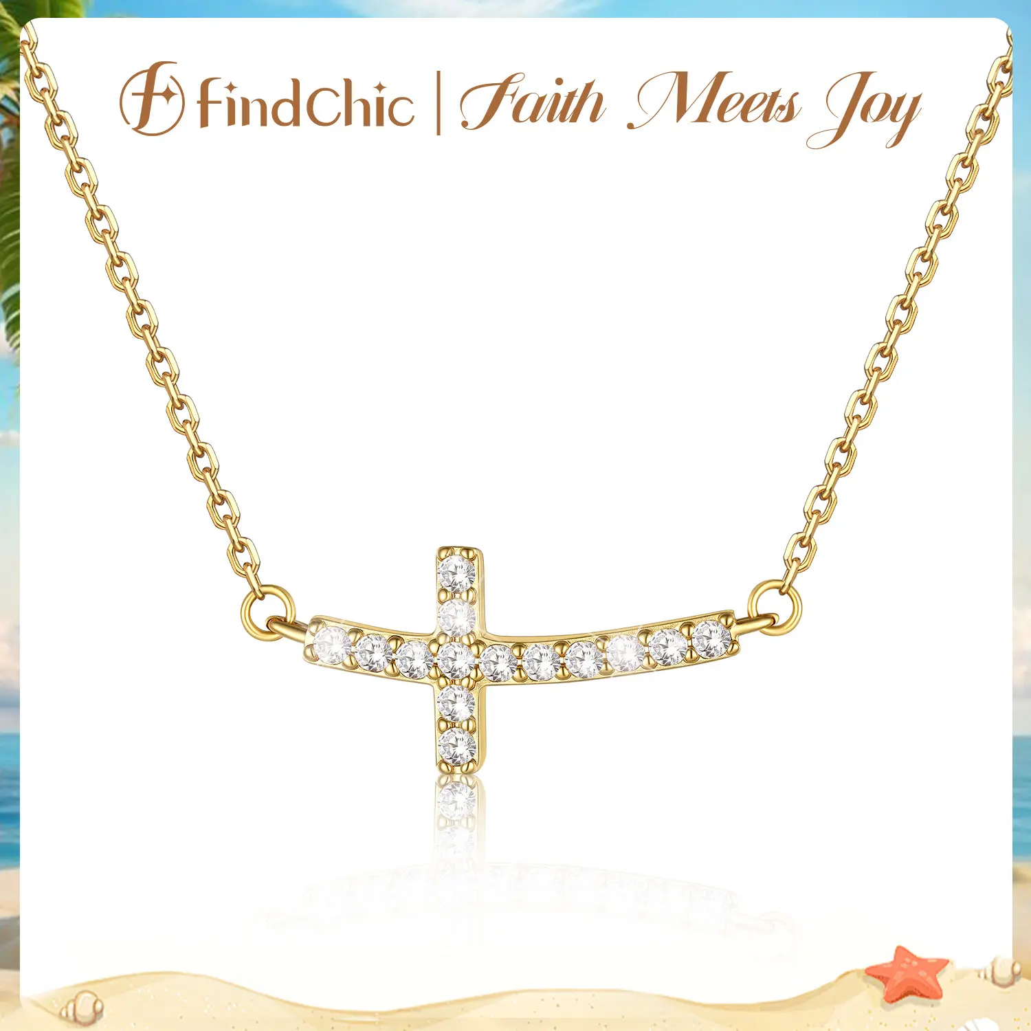 FindChic 14K Gold Plated Smile Cross Necklace for Women Hypoallergenic Sparkling Cubic Zirconia Silver Gold Plated Waterproof No Tarnish Dainty Cute Daily Casual Sideways Cross Pendant Necklace Religious Faith Jewelry Gift for Women Girls Christian