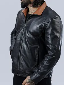 Khaal's Men's Black Genuine Leather Jacket with Saddle Brown Accents - American Retro Angel Style - Menswear Classic Vintage