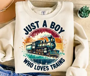Just a Boy Who Loves Trains Shirt – Vintage Steam Engine Graphic Tee for Kids – Retro Railway Locomotive Lover T-Shirt Gift for Boys & Train Fans