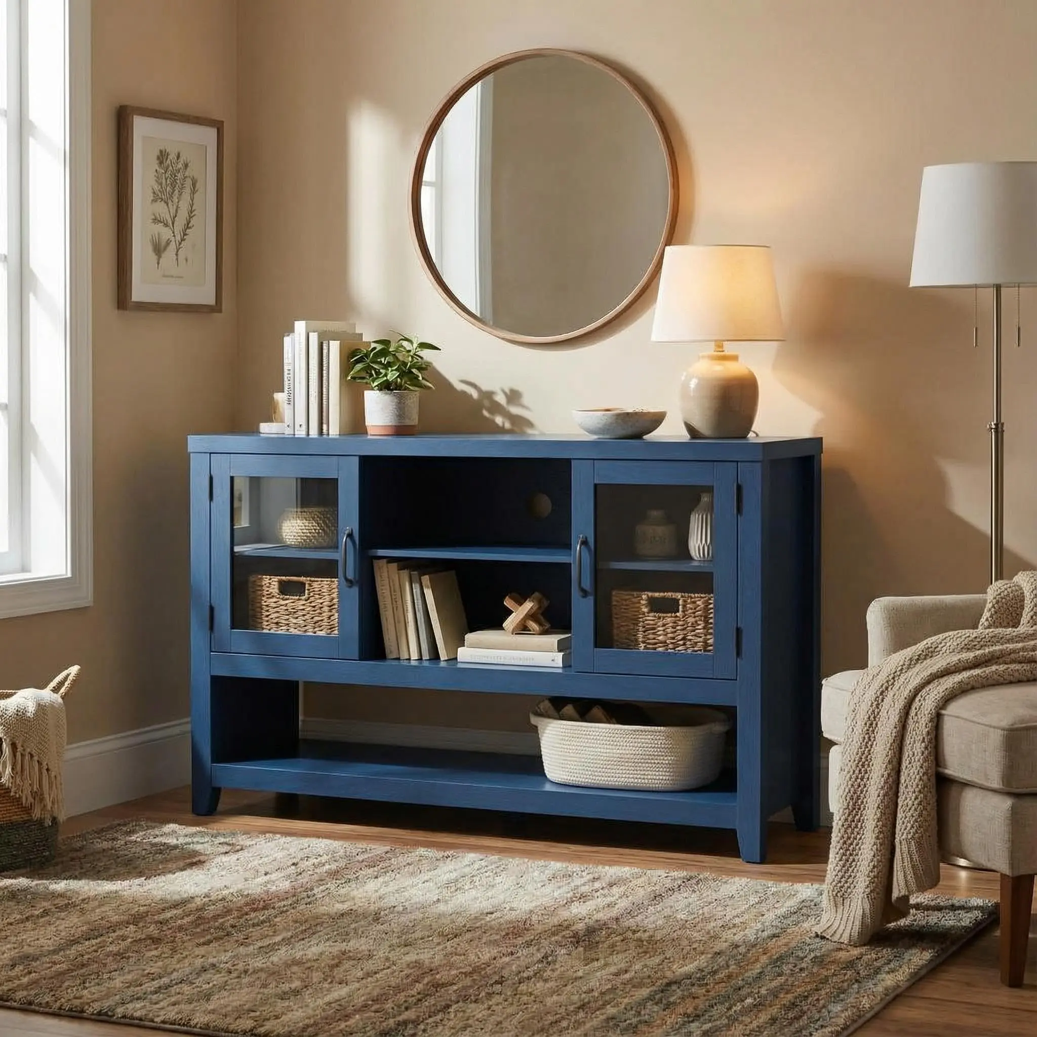 135 cm buffet sideboard with 3 shelves and 2 glass doors - Modern mid-century cabinet for coffee, books or dinnerware storage - Perfect for living room, kitchen or entryway - Vintage wood & white finish with embossed texture