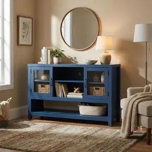 135 cm buffet sideboard with 3 shelves and 2 glass doors - Modern mid-century cabinet for coffee, books or dinnerware storage - Perfect for living room, kitchen or entryway - Vintage wood & white finish with embossed texture