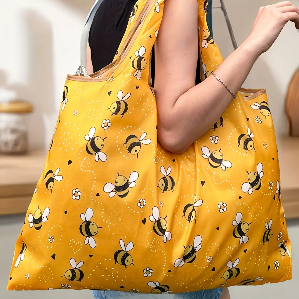 Women's Portable CuteBee Print Tote Bag,Large CapacityFoldable Shopping Bag for Daily Used,Lightweight Matching Shoulder Bag,Women Handbags