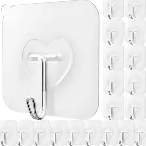 20 Pcs Clear Adhesive Hooks for Hanging 22lb Self Adhesive Wall Hooks Heavy Duty Waterproof Transparent Sticky Hooks for Shower Home Bathroom Kitchen Office