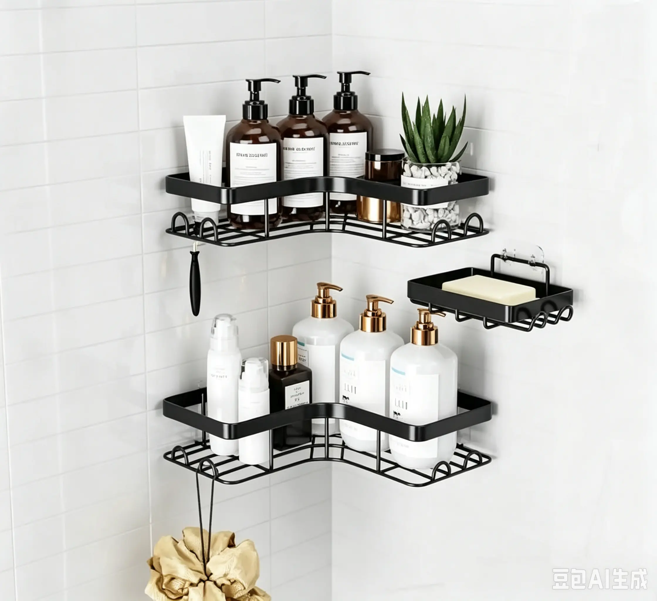 Stainless Steel 2-Count Punch-Free Removable Waterproof Wall-Mounted Adjustable Black Round Hollow Drain Bathroom Corner Shelves, Eco-Friendly Bath Storage, Soap Holder, Modern Home Decor, Apartment Essentials Gift