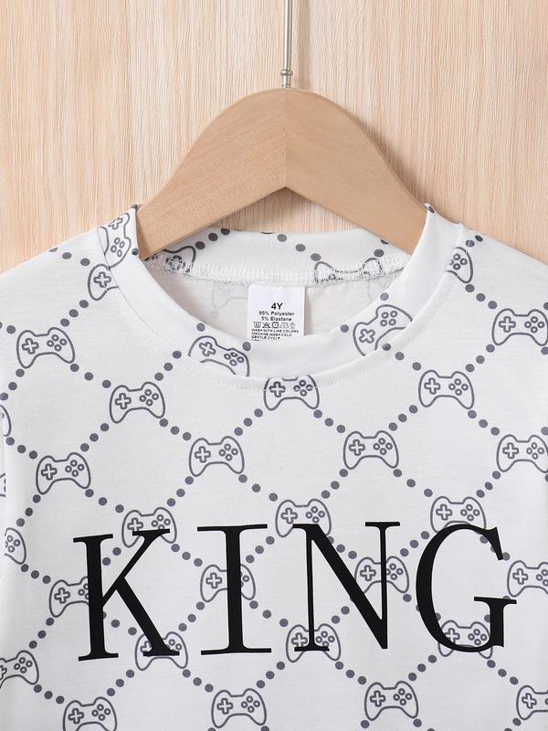 Two-piece Set Boy's All Over Game Console Letter Print Side Stripe Tee & Shorts Set, Casual Short Sleeve T-shirt & Elastic Waist Shorts, Summer Outfits Clothes for Kids