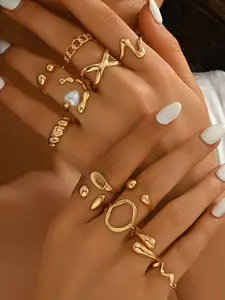 12-Piece Fashion Vintage Geometric Open Ring Set, Liquid Metal Design, Heart-Shaped Faux Pearl Inlay, Elegant All-Season Jewelry Collection, Fashion Rings