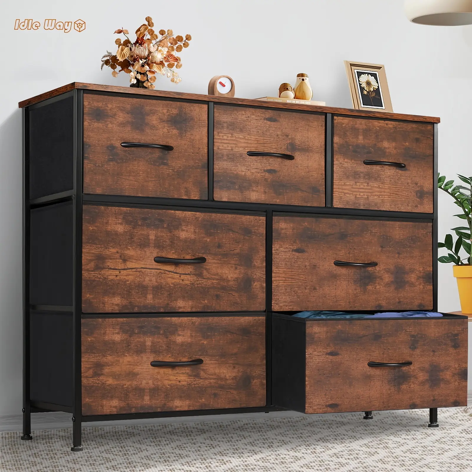 Idle Way Dresser For Bedroom, Fabric Closet Organizer With 7 Drawers, Dresser With Metal Frame And Wood Tabletop, Chest Storage Tower For Nursery, Liv