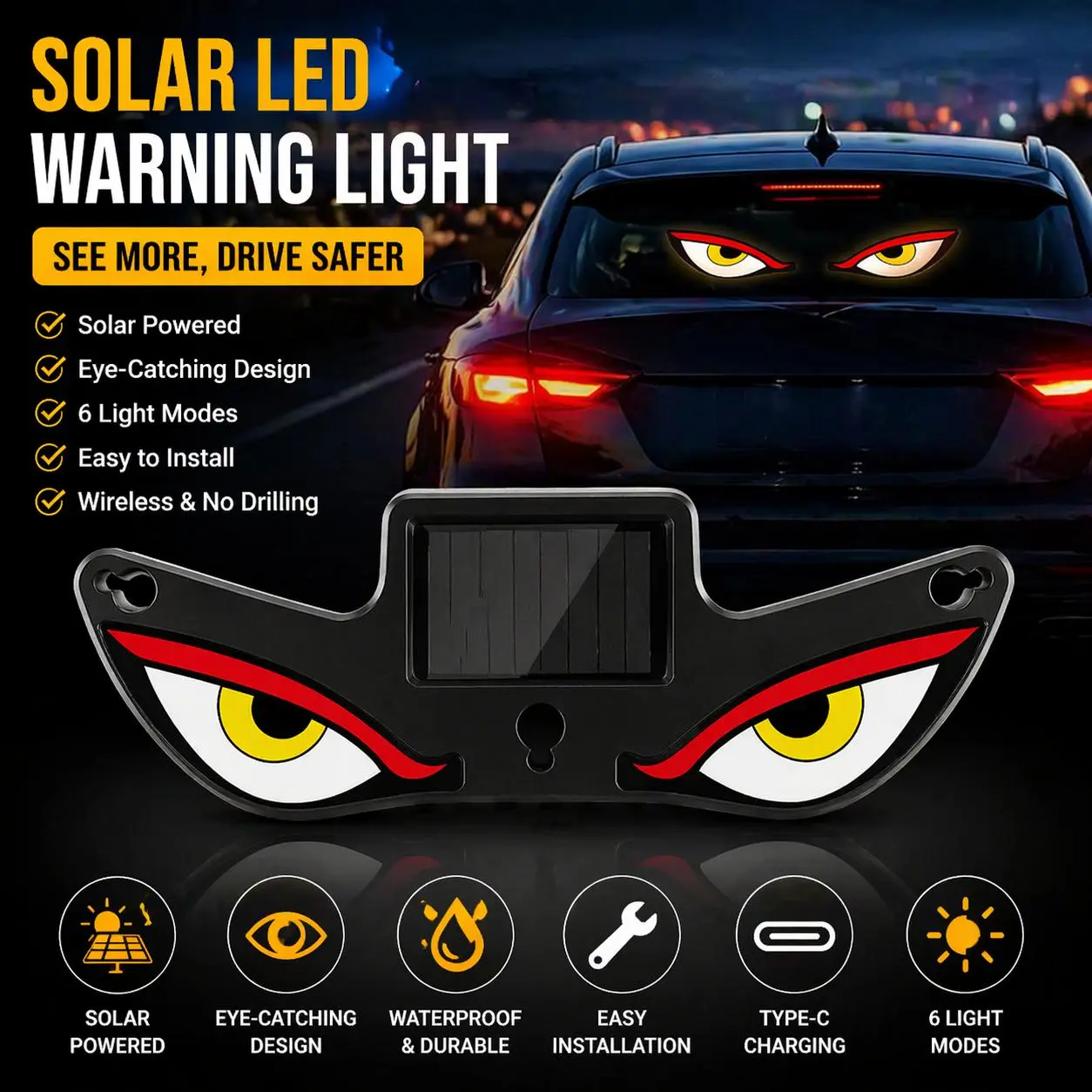 Vampire Devil Eye Emoji Pattern Dynamic LED Light Board, High Visibility Car Rear Window Display Panel, Eye-Catching Cool Automotive Interior Exterior Mod Ornament Accessories for Daily Night Ride