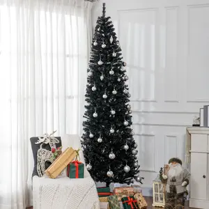 8ft Pencil Christmas Tree, Unlit Artificial Christmas Tree Slim Douglas Fir Xmas Tree with Realistic Branches, Halloween Tree with 1168 Tips, Black