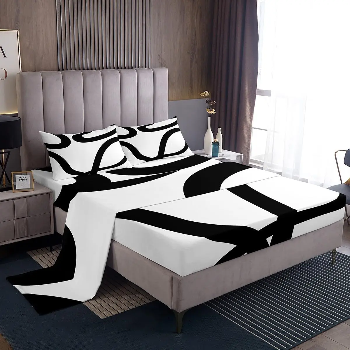 Feelyou Black and White Geometric Modern Bedding Set - Decorative, Comfy Bed Setup Fitted Bedding Sets Collections, Double Color Neutral Abstract Art Linens, Breathable Durable Microfiber Deep Pocket Sheets for Feel Cosy Use
