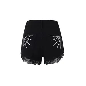 Spider Web Embroidered Shorts – Y2K Grunge Lace Trim Mini Goth Denim Shorts – Low Rise, Lace Hem, Dark Feminine Energy