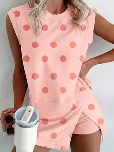Women's Polka Dot Print Tank Top and Split Mini Skort 2-Piece Set - Casual Ribbed Trim Summer Clothes, Lined Athletic Skirt Set for Travel, Comfortable Daily Wear Two-Piece Outfit