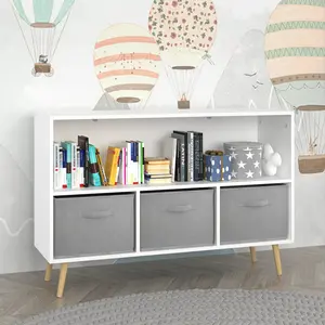 White Kids Bookcase with Fabric Drawers Nursery Book Shelf & Toy Storage Organizer Space Saving Collapsible Cabinet for Toddlers Baby Toys Modern MDF Design