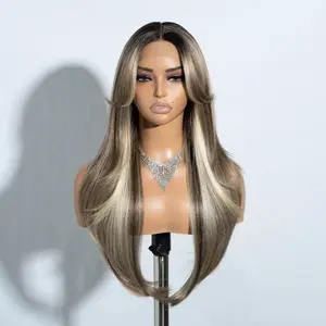 Rebeccahair 26 Inch Synthetic Long Straight Ombre Blonde Wigs for Women, Gorgeous Fluffy Wigs with Curtain Bangs, Synthetic Lace Front Wigs for Party, Daily Use