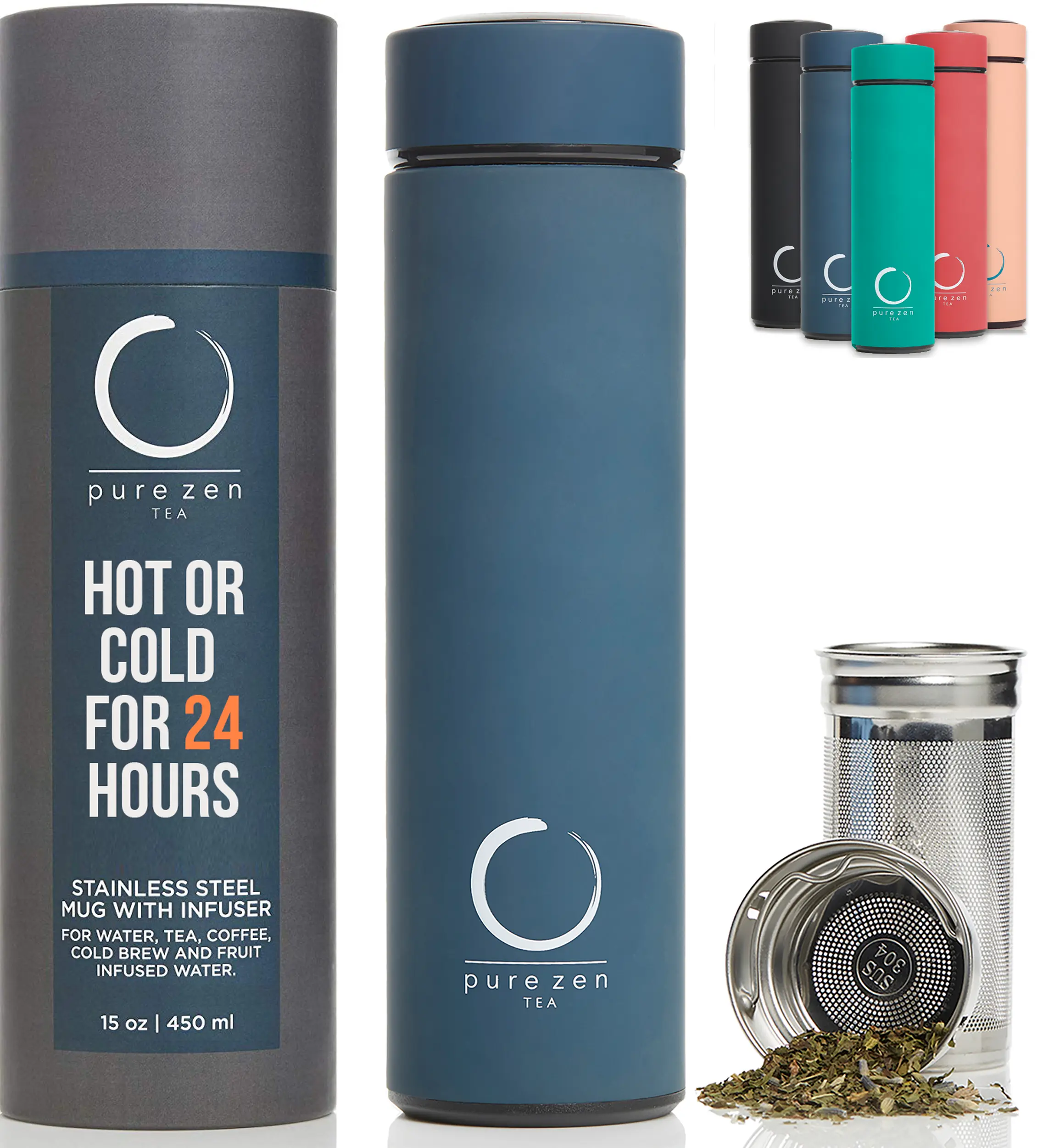 Pure Zen Tea - Portable Thermos with Infuser for Tea, Water, and Fruit Infusions - 15oz - Hot and Cold for 24h - Leakproof - BPA Free - Bottles, Cup Drinkware Flasks