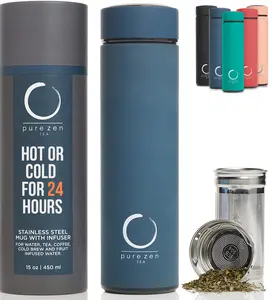 Pure Zen Tea - Portable Thermos with Infuser for Tea, Water, and Fruit Infusions - 15oz - Hot and Cold for 24h - Leakproof - BPA Free - Bottles, Cup Drinkware Flasks