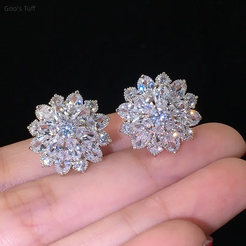 Women's Luxury Double-Layer Sunflower Cubic Zirconia Copper Stud Earrings, Shiny Elegant Costume Jewelry for Dating, Banquet, Daily Wear