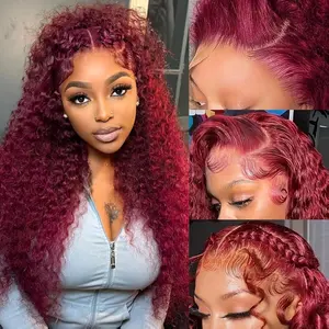 13x4 HD Transparent Lace Front Wigs 26 Inch Wine Red Deep Wave with Baby Hair Pre-Plucked Glueless Burgundy 200% Density Natural Color Long Deep Curly Wigs For Black Woman