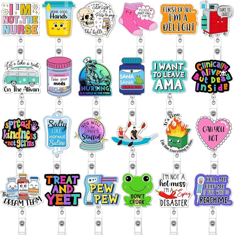 36/24/12/10 Pcs Funny Badge Reels for Nurses Cute Acrylic ID Badge Holder with Retractable Name ID Clip Bulk Badge Reel Accessories for Doctors Teachers Nursing Students Coworkers Medical Assistants New Grad Nurse Onboarding Gifts, Clinical Essentials