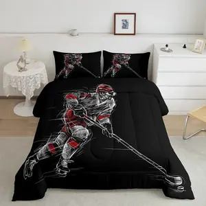 Ice Hockey Player Quilt Set, 3 Piece Bedding with Inner Core, High Saturation Color, Sports Cool Atmosphere, Bedroom Decor