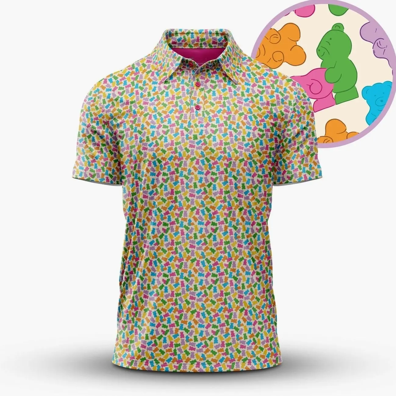 Naughty Gummy Bears Adult Humor Polo Shirt, Men's Funny Inappropriate Golf Top, Colorful Candy Pattern Gag Gift, Short Sleeve Novelty Athletic Activewear, Bachelor Party Collared Tee, Funny Summer Casual Wear, Mens Joke Apparel