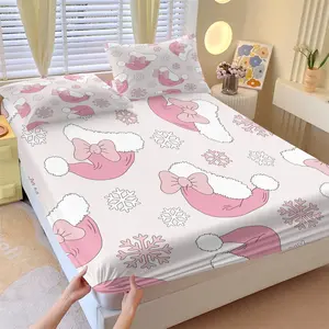 Christmas Theme Pink Fitted Sheet Set, 1 Fitted Sheet and 2 Pillowcases, Sweet & Warm Bedding Full of Festive Atmosphere, Soft Breathable Fabric, Perfect for Christmas Gifts or Bedroom Decor