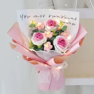 Crochet Bouquet Gift, 1 Box Artificial Flower Bouquet with Gift Box & Ribbon, Decorative Flower for Home Party Wedding Anniversary, Decoration Items