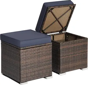 Wicker Outdoor Storage Ottoman, 2-Piece Rattan Footstool w/Removable Cushion, Multipurpose Footrest Stool Side Table Additional Seating, Set of 2 Outdoor Ottomans for Patio Deck (Navy)