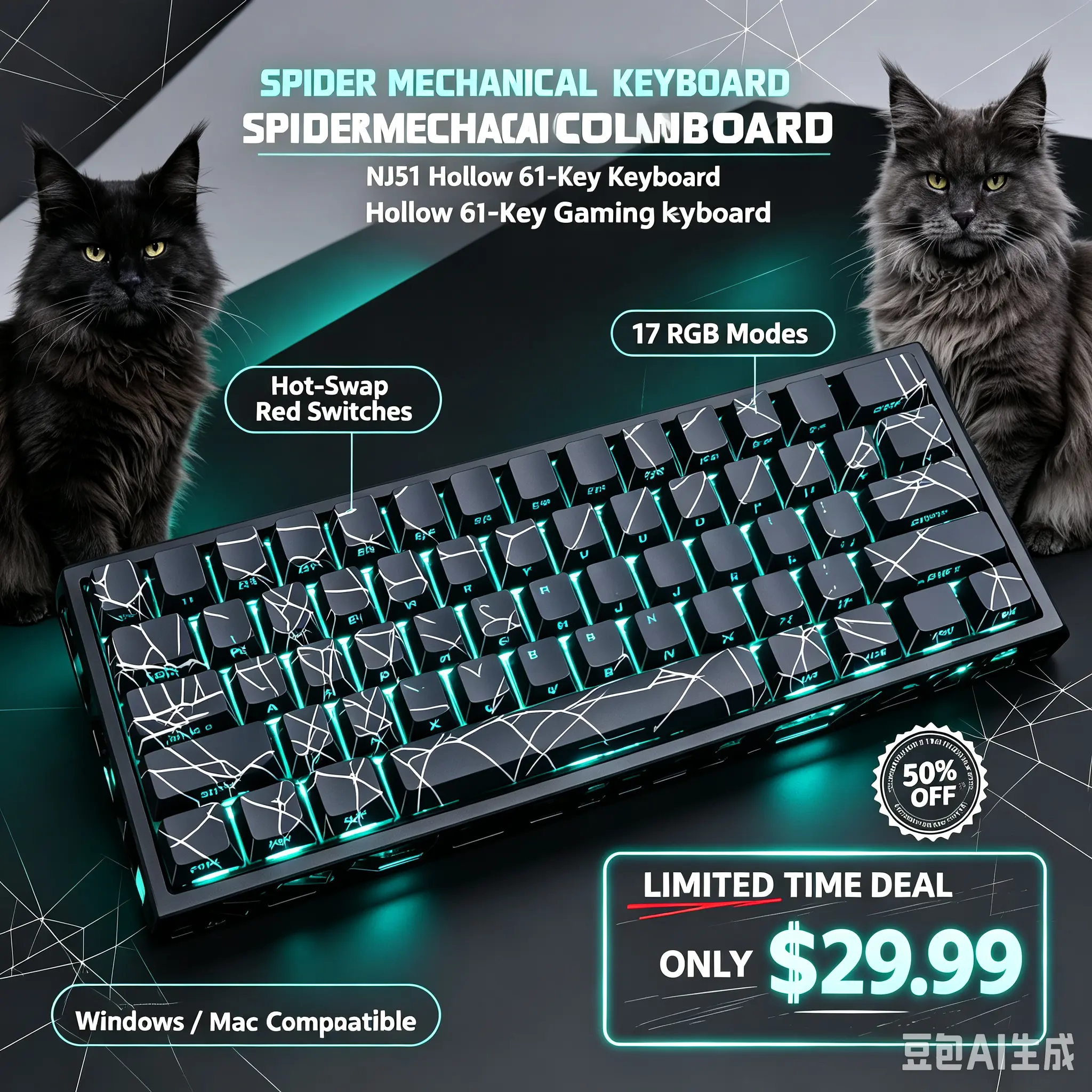 60% Hot-Swappable RGB Glow Wired Gaming Keyboard, Cyber Goth Cat Paw Print Spider Pattern Dark Spider Crack Hollow Gasket, Red Switch Swap, N-Key Rollover for PC/Mac Gaming & Office Use Computer Peripheral