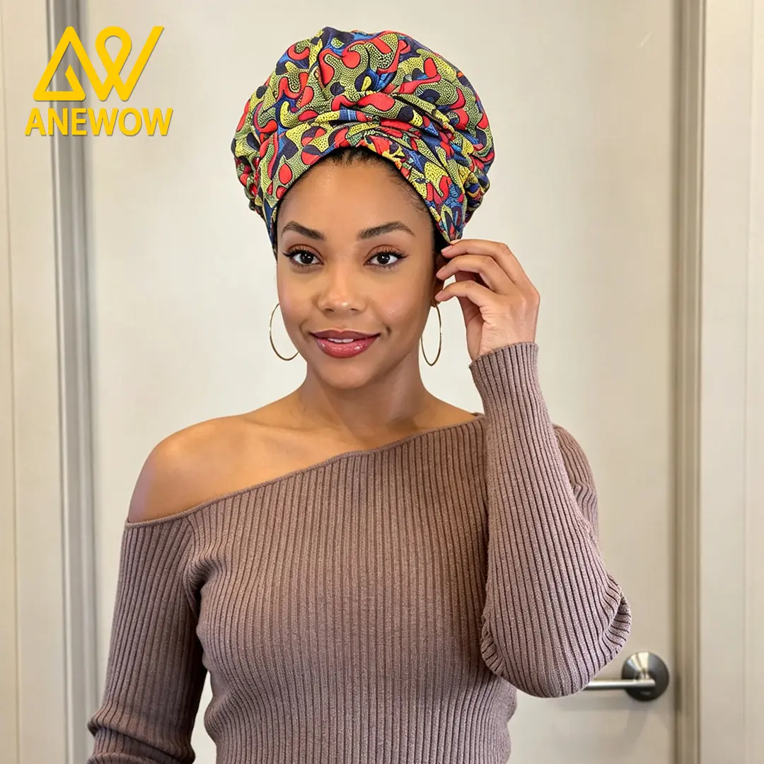 ANEWOW Deep Blue White Polka Dot Ankara Satin Lined Turban Headwrap