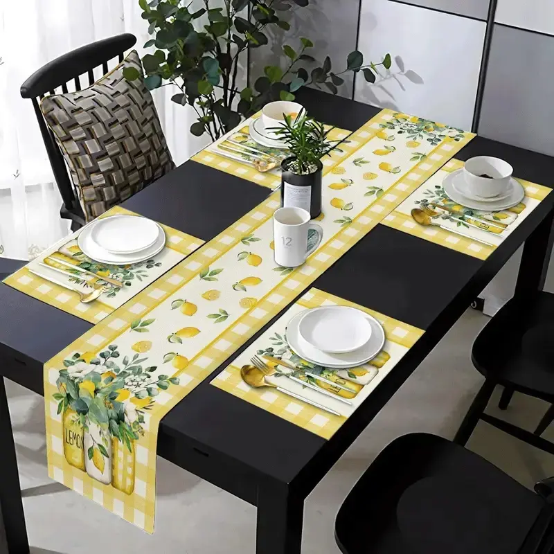 1 piece/5 piece set/7 piece table flag+ set, featuring yellow and white water buffalo grid lemon eucalyptus leaf pattern design, suitable for daily indoor and outdoor use in kitchens, dining tables, living rooms, and homes, Coffee Table Mat