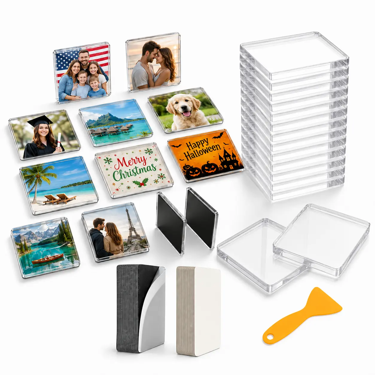 Upgraded Clear Acrylic Fridge Magnets, Halloween & Christmas DIY Photo Magnets for Kitchen, Classroom, Party & Office Decor, 10 Pack + 1 Random Color Scraper