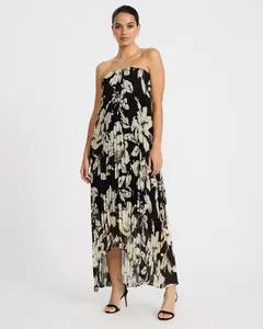 Express Chiffon Floral Strapless Pleated High-Low Maxi Dress