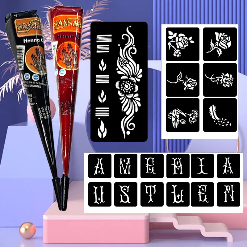 Henna Tattoo Kit(3 Cones,25g Each) Three templates are included