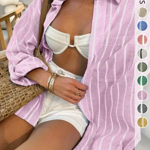 1 Piece Women's Casual Summer Striped Loose Fit Oversized Shirt Loose Shirts, Long Sleeve Button Front Top for Office, Vacation & Daily Wear, Button Down Blouse, Womenswear