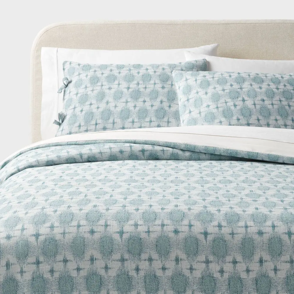 Full/Queen Yarn Dye Ikat Duvet Cover and Sham Set Ivory/Teal Blue/Light Teal Blue - Threshold: Cotton Slub Zipper Closure OEKO-TEX Certified