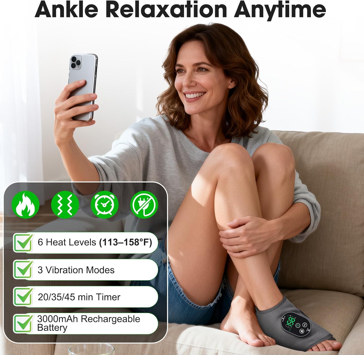 Cordless Ankle Massager for Pain Relief, Foot Massager for Neuropathy, Foot and Ankle Massager, Ankle Heating Pad with Massage, Adjustable Timer, 6 Heat Levels, 3 Vibration Modes, Single One ,Durable Ankle Support ,Durable Ankle Support