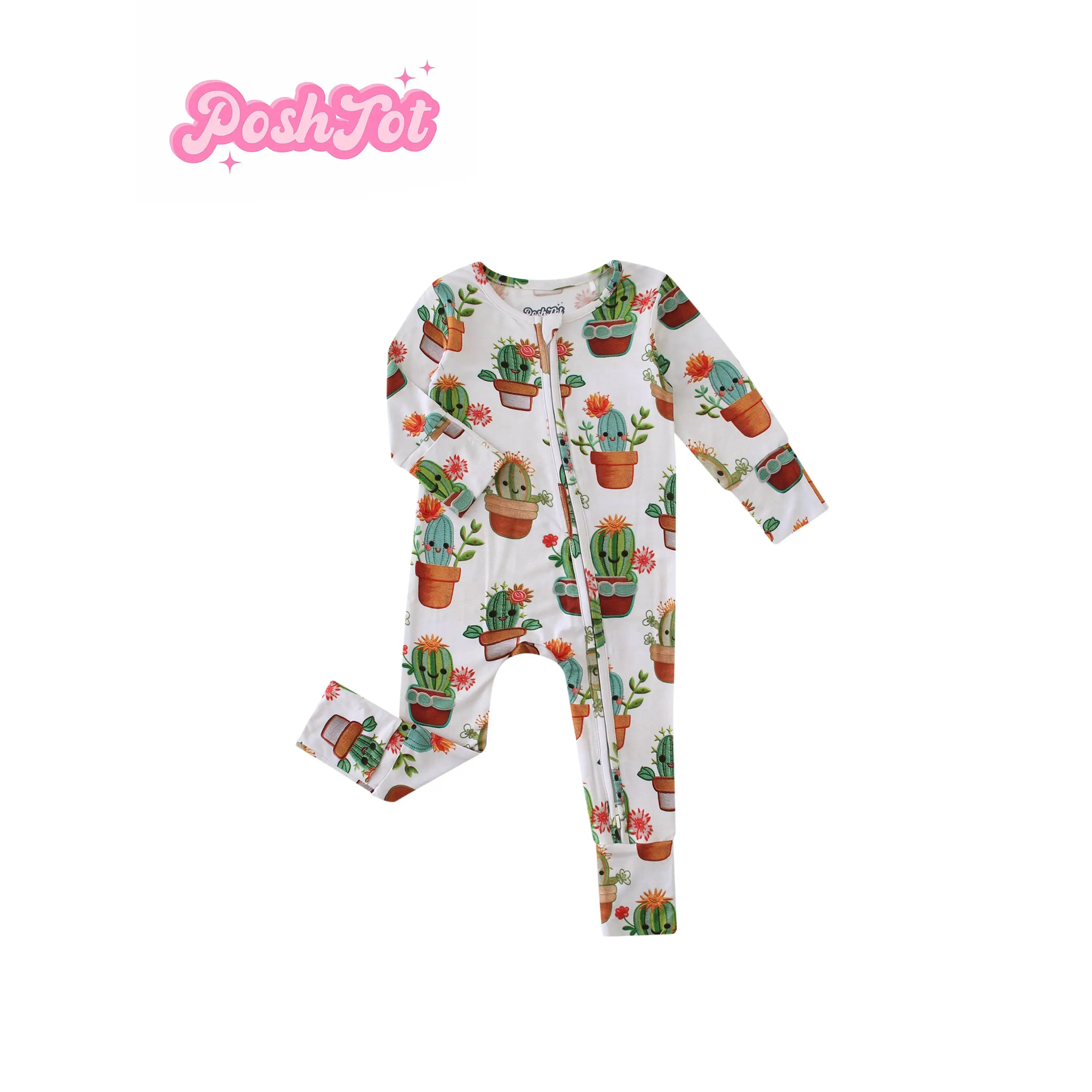 POSHTOT prickly pear print 220gsm bamboo fiber breathable bamboo baby short sleeve zipper jumpsuit, lightweight. Easy two-way zipper, convertible mitt