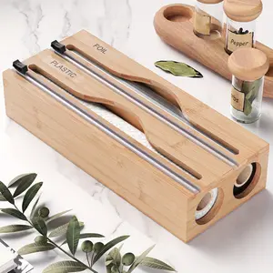 1 Piece 2 in 1 Bamboo Leaf Bag Dispenser with Tools and Labels, Includes Aluminum Foil and Wax Paper, Perfect for Kitchen Drawer Storage, Kitchen Utensils Accessories