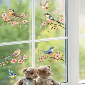 Vibrant Spring Summer Bird and Branch Window Cling Stickers, Reusable Floral Flower Decor with Bluebirds and Sparrows, Easy Application for Home Kitchen Office
