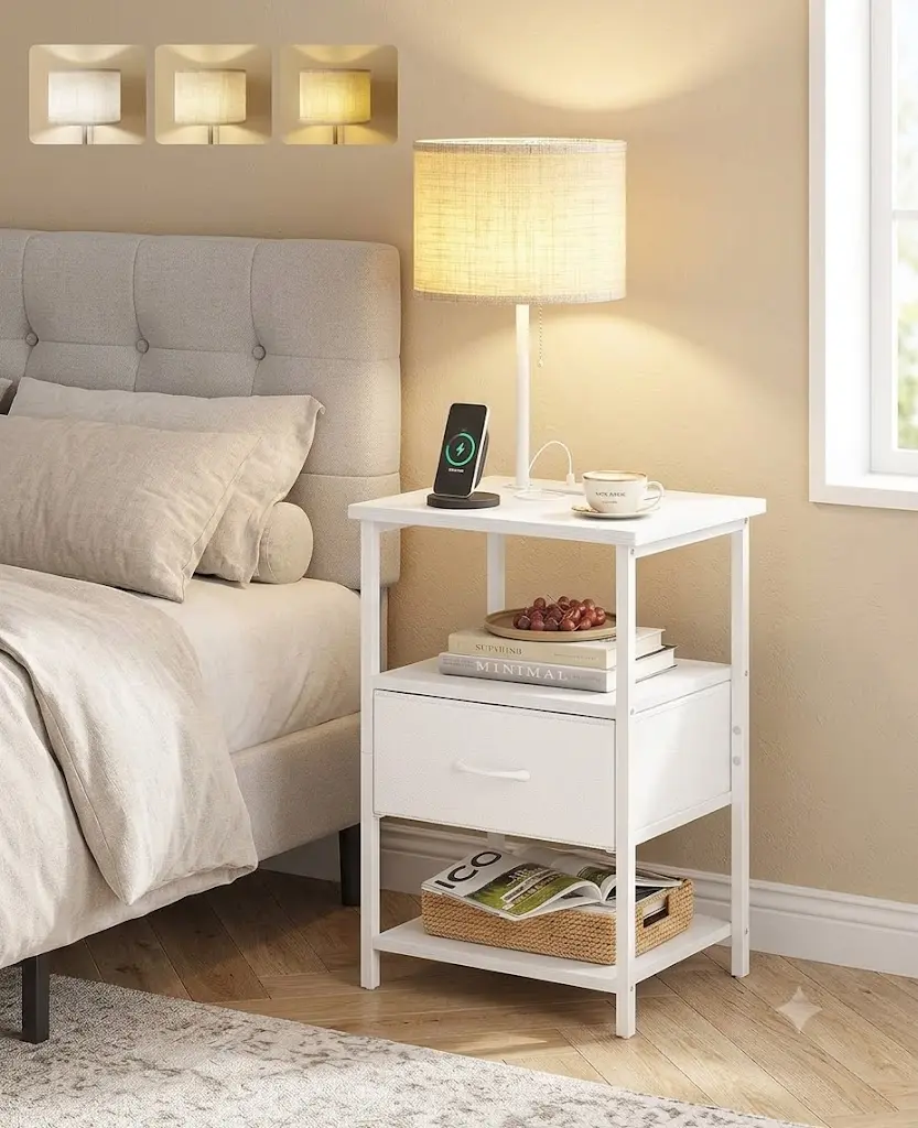 Bedside Table with 3 Color Temperatures Bulb Attached, Nightstand with Charging Station and Lights, End Table with Fabric Drawer for Bedroom & Dorm (White)
