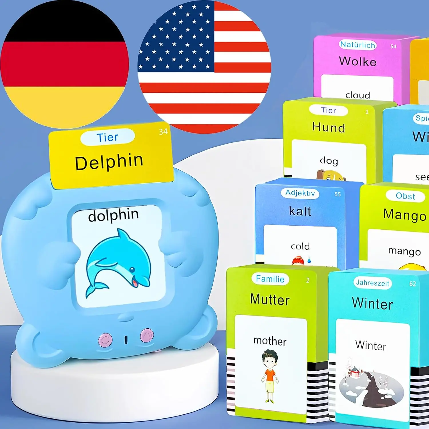 Bilingual English Flash Cards - German Talking Flash Cards, 510 Sight Words of Themes, Pocket Speech for Toddlers 3-12, Autism Sensory Toys, Preschool Learning Activities (German, Blue)