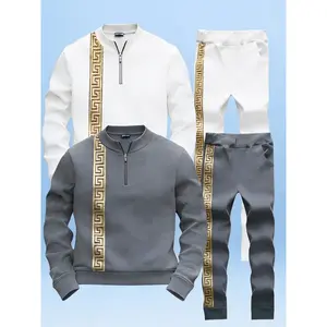 Men's Casual 2-Piece Retro Tracksuit with Greek Key Trim - Half-Zip Stand Collar Outfit for Daily Wear