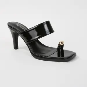 Catha Patent Wide Strap Slide Heels with Metallic Toe Ring