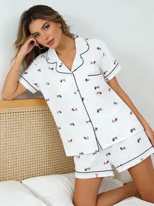 Daily Wear White Dachshund Shorts Pajama Set for Women, Button Down Short Sleeve, Spring Summer Loungewear, All-over Dog Print, Delicate Fresh Home Outfit