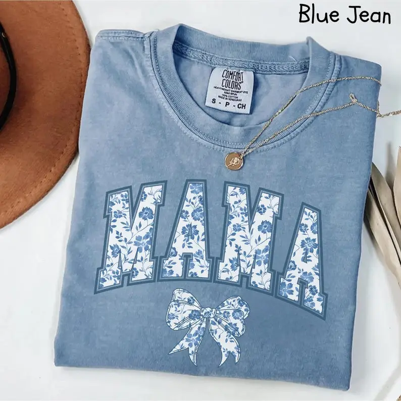 Comfort Colors Mama Shirt, Blue Ribbon Shirt, Mothers Day Gift, Girly Aesthetic Gift For Mom, Cute Mom Shirt, Bow Shirt, graphic tees women, vintage c