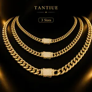 TANTIUE HUSTLE 14K Gold-Plated Cuban Chain Necklace Set – Miami Hip-Hop Necklace for Men & Women,Dazzling Pave Clasp,6N-55cm, 8N-50cm, 10N-60cm,Perfect Gift for Him $ Her