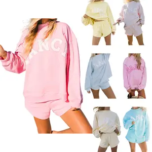 Best Friend Travel  Set 2 Pcs Women's Everyday Outfit Sweat Set Loose Fit Casual Stylish Letter Embroidered Long Sleeve Sweatshirt And Wide Leg Shorts