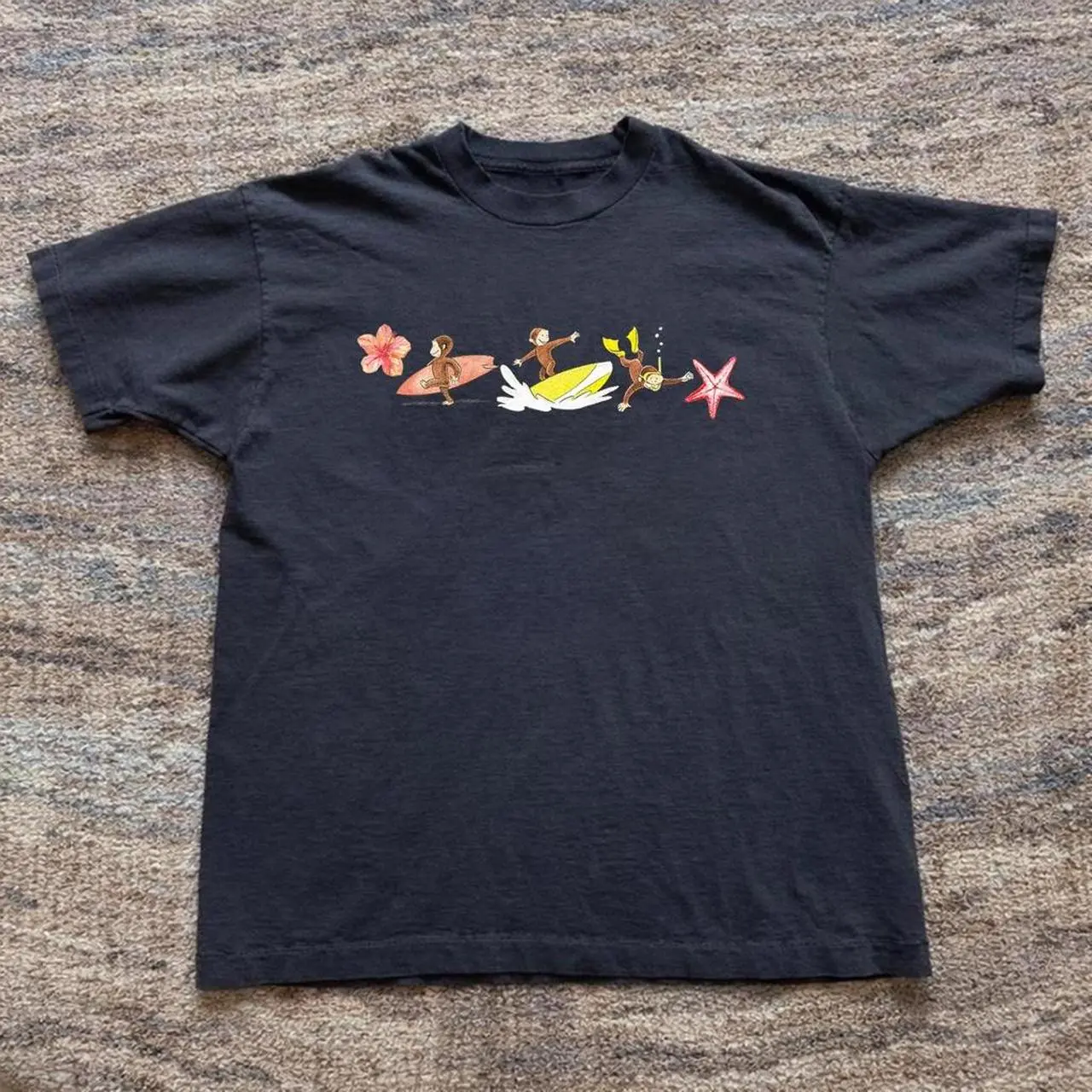 curious monkey surfing babytee, Gildan Women's Black and Navy babytee Vintage y2k Inspired Baby Tee,  aesthetic graphic tshirt, summer tee, 90s,y2k