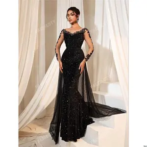 Elegant and Luxurious Flowing Sequin Mermaid Gown with Floral Embroidery Sheer Fabric | Tie Evening Dress